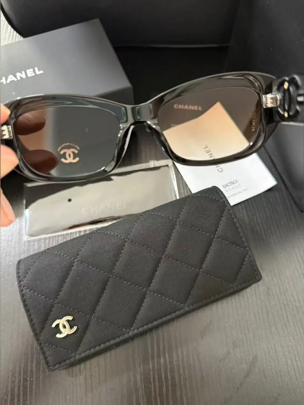 CHANEL Black Frame Sunglasses with Brown Gradient Lenses